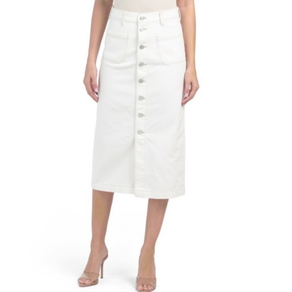 🆕 Frame Le Bardot Ecru white denim midi skirt button front NWT sz 26